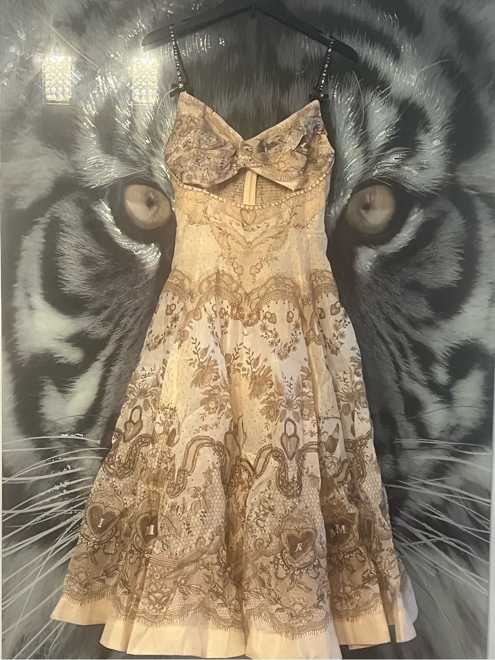 Beige Printed Slip Dress with Embellished Straps